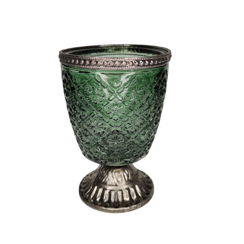 M�rk Gr�nt Glas Pokal med metal fod og top