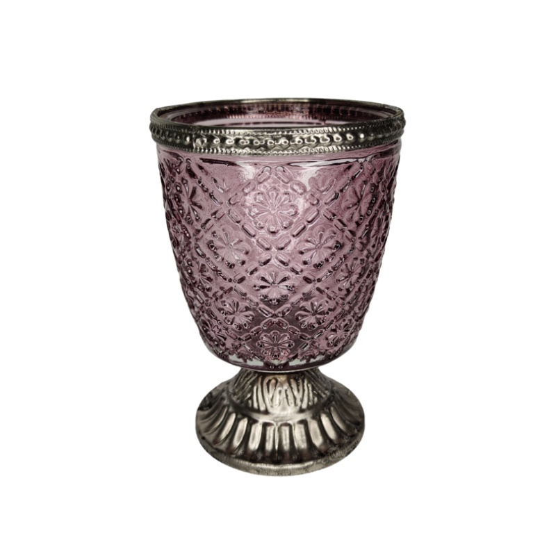Rosa Glas Pokal med metal fod og top